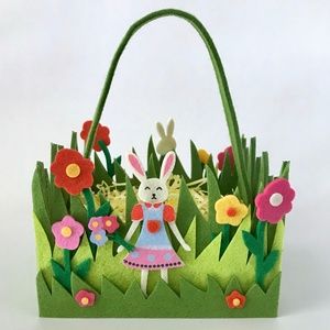 Easter Basket Felt Double Sided Basket Bunny Floral Garden Scene